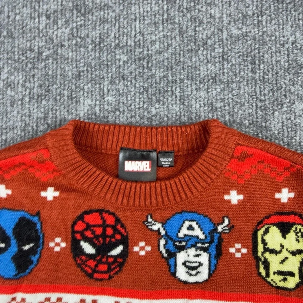 Marvel Sweater Kids XS Orange Fair Isle Spider-Man Captain America Graphic
